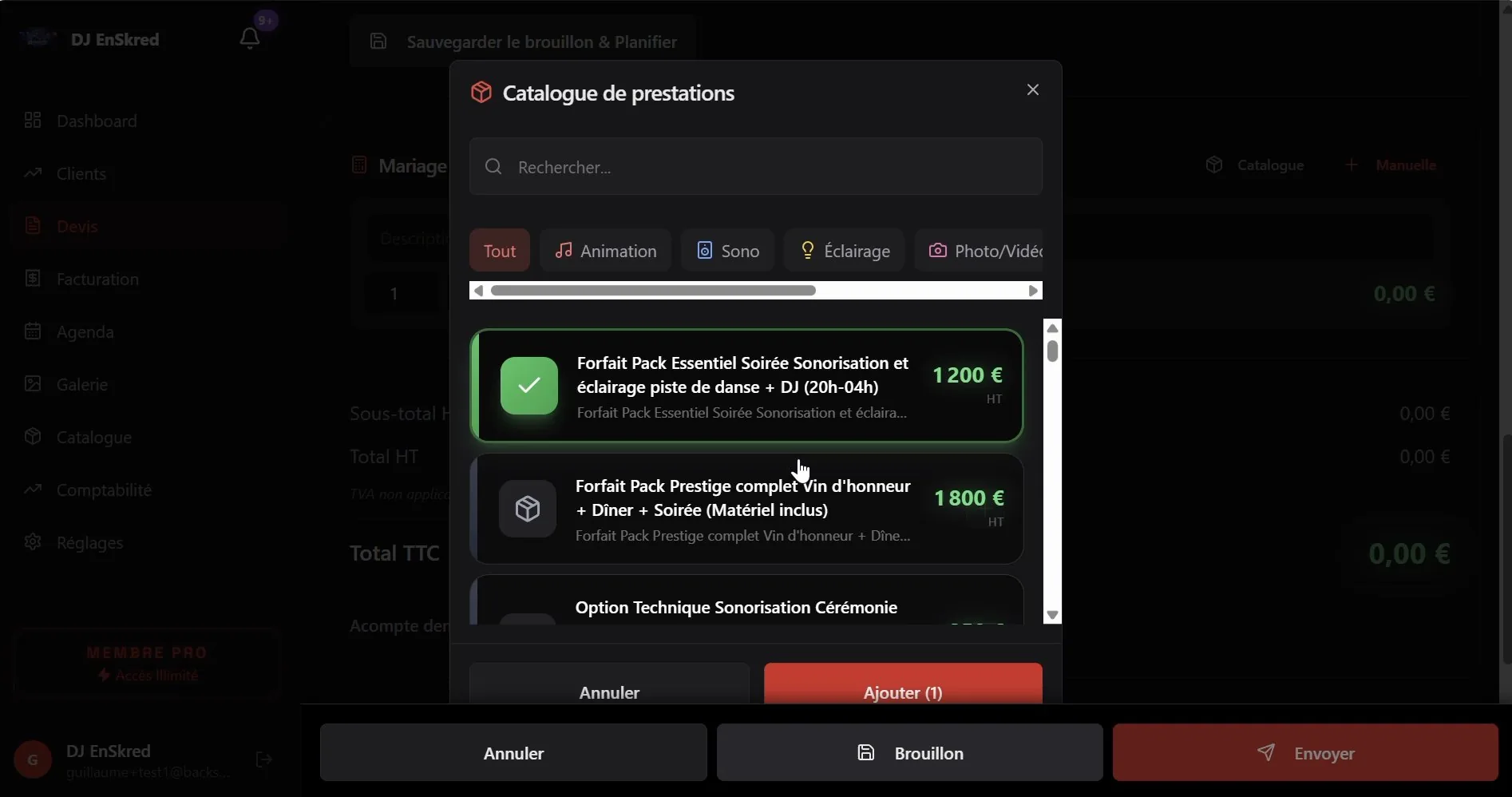 1 prestation sélectionnée