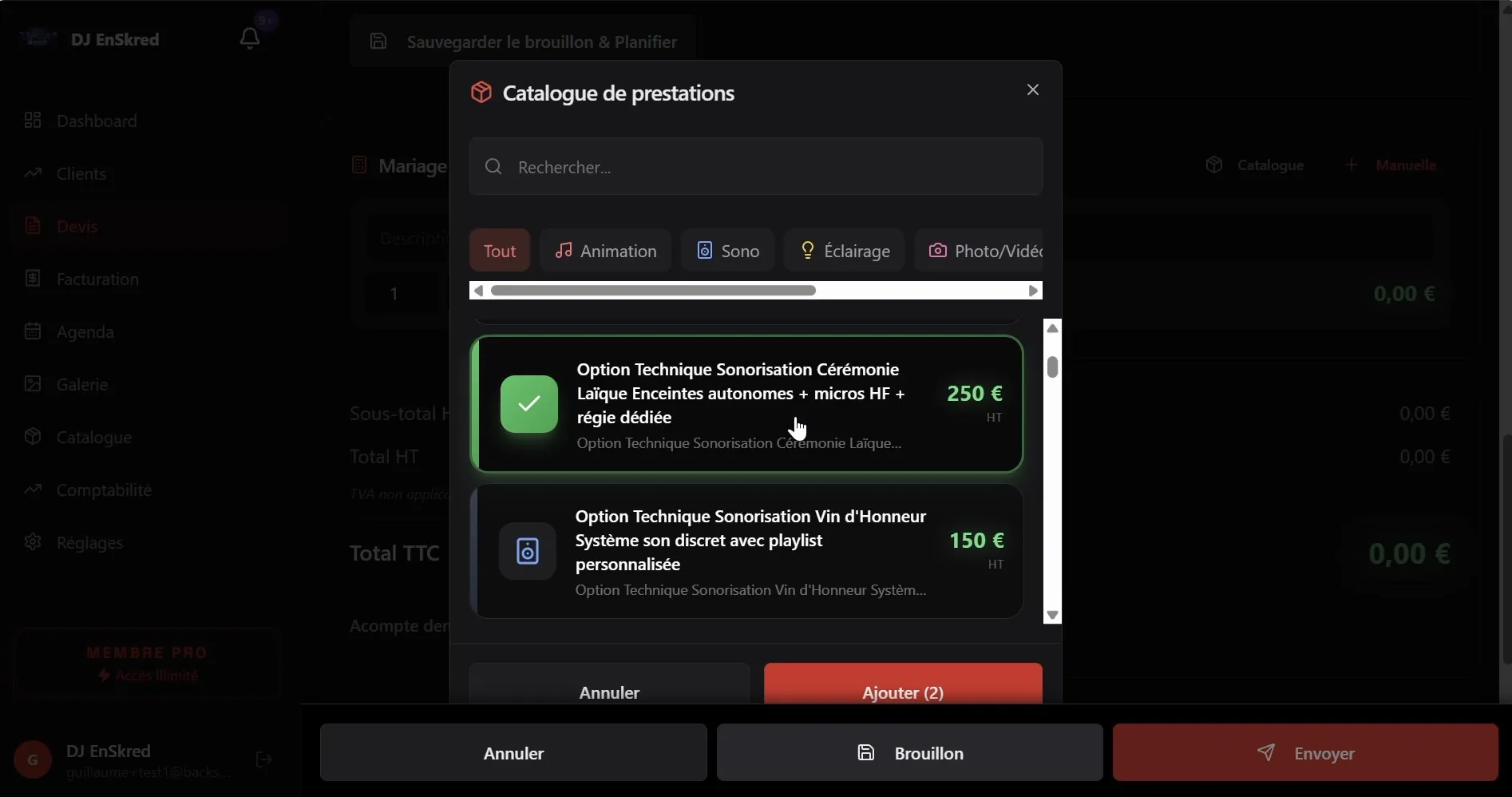 2 prestations sélectionnées